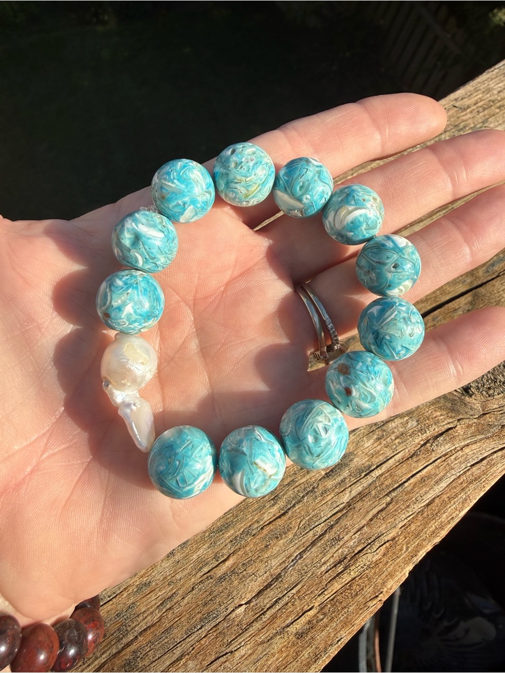 tiffany blue mosaic shell and fresh water pearl bracelet. make a statement